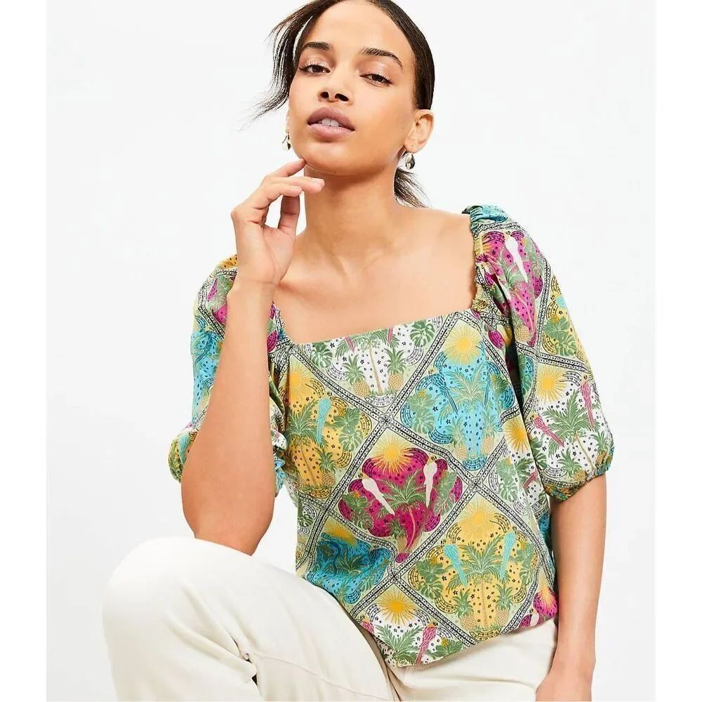 Loft Palm Bubble Sleeve Square Neck Blouse SZ Petite Large